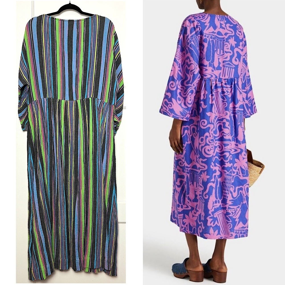 MARA HOFFMAN Colorful Stripe Crinkled Hemp V-Neck Oversized Kaftan Maxi‎ Dress S - Picture 2 of 7